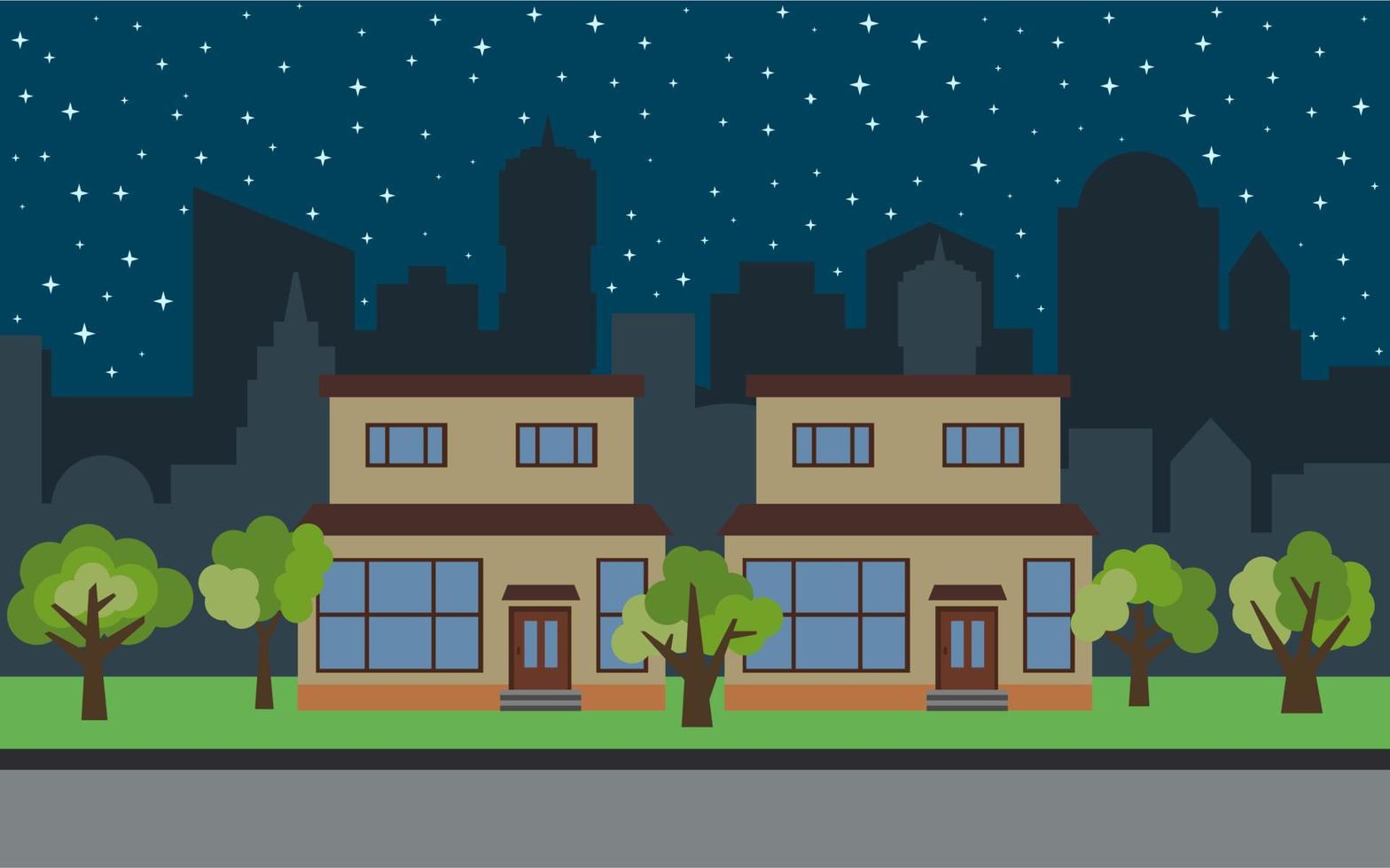 Vector city with two two-story cartoon houses and green trees at night. Summer urban landscape. Street view with cityscape on a background