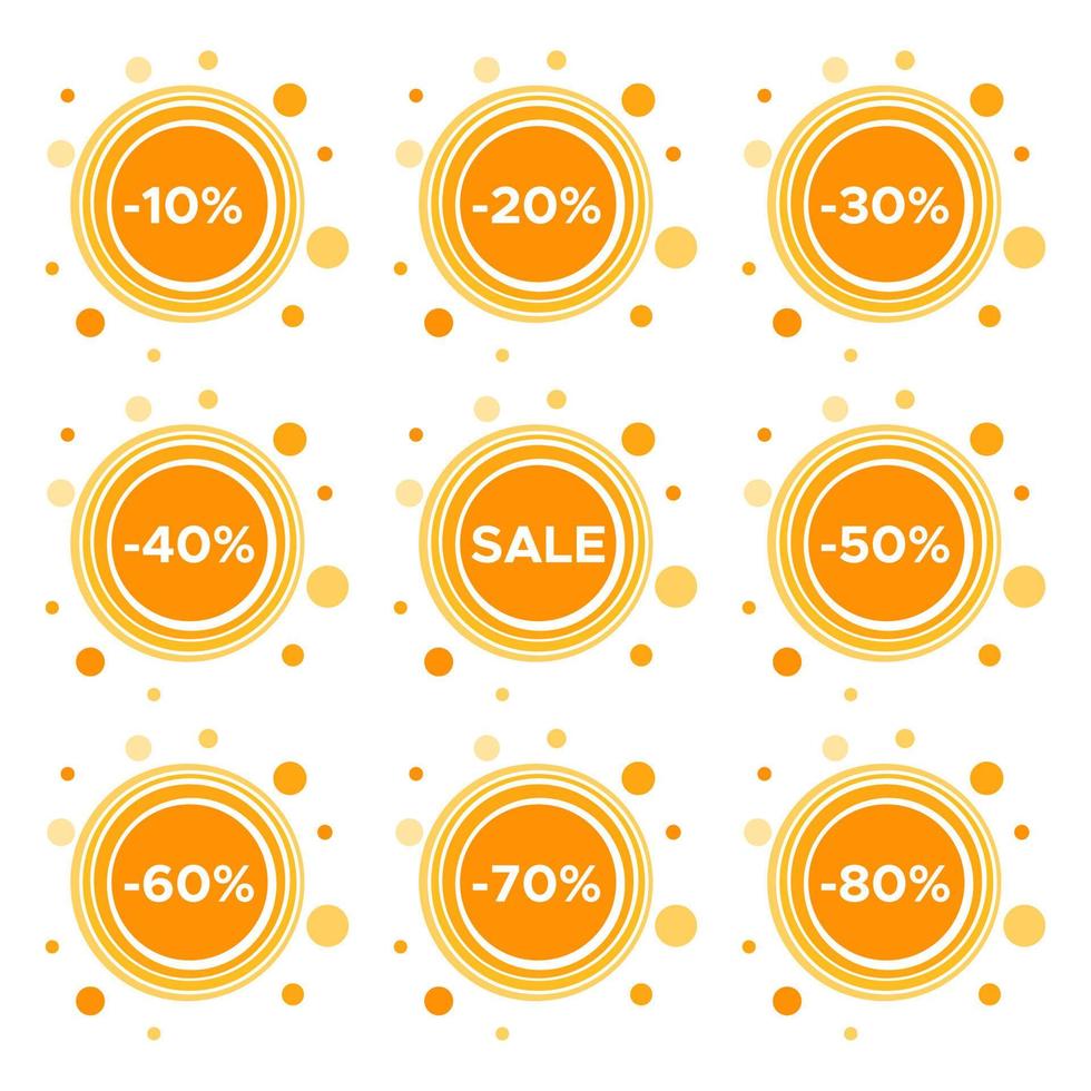 Set of nine sale stickers with different discount values. Sale label template. Vector illustration