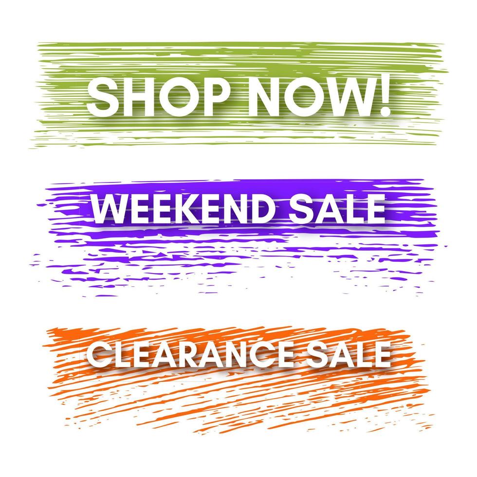 Shop Now, Weekend Sale, Clearance Sale. Set of three sale banners on the colorful painted spots. Vector illustration