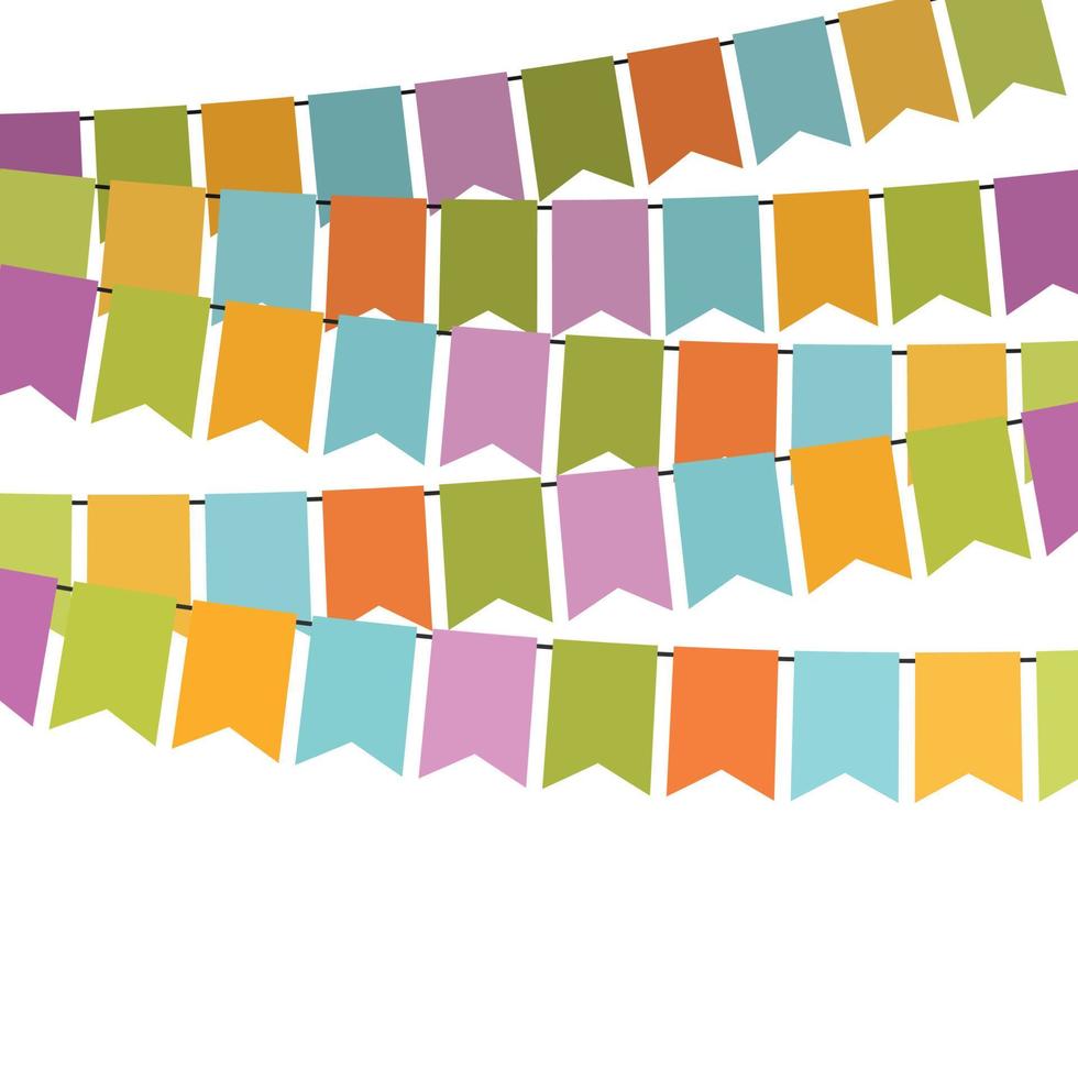 Colorful flags and bunting garlands for decoration. Decor elements with various patterns. Vector illustration