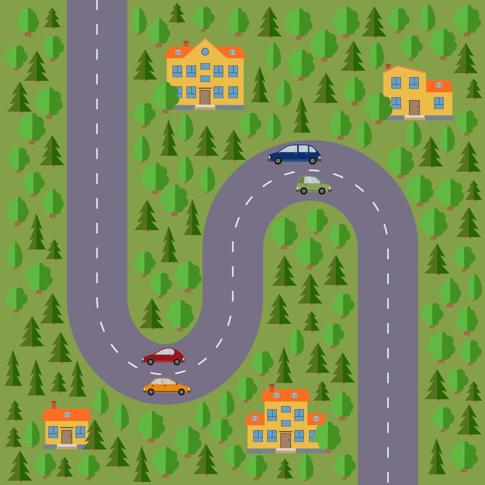 plano de pueblo. paisaje con la carretera, el bosque, los coches y las casas. ilustración vectorial vector