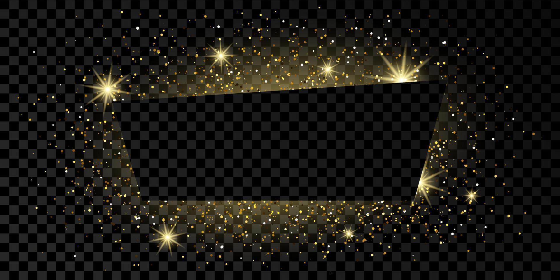 Golden trapezium frame with glitter, sparkles and flares. Empty luxury backdrop. Vector illustration.