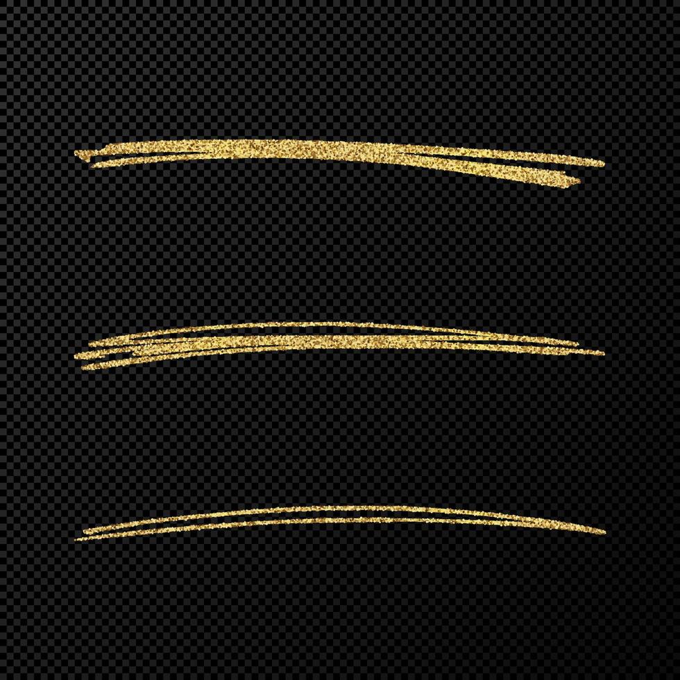 Abstract shiny confetti glittering waves. Set of three hand drawn brush golden strokes vector