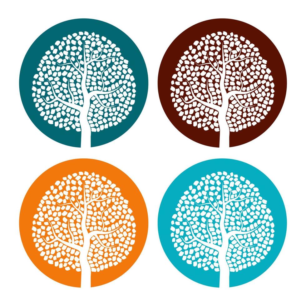 conjunto de cuatro árboles blancos con hojas sobre fondo redondo colorido. ilustración vectorial vector