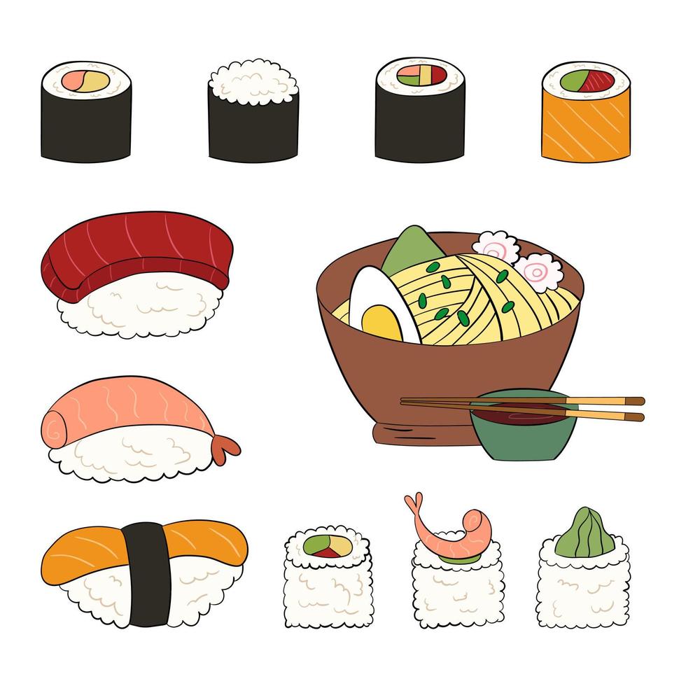 juego de sushi, fideos ramen. ilustración vectorial sobre un fondo blanco. vector