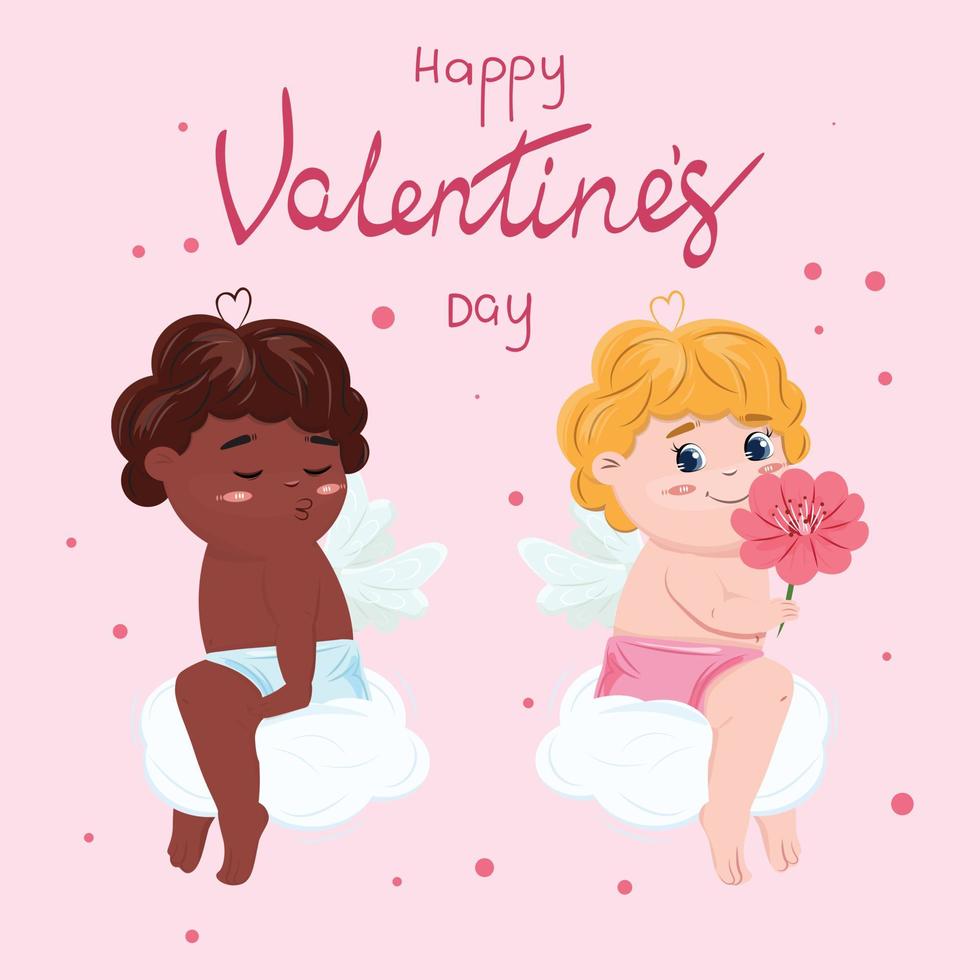 Illustration of two cute cupid characters sitting on the cloud. Black and white cupid characters for Happy Valentines Day. Vector illustration.