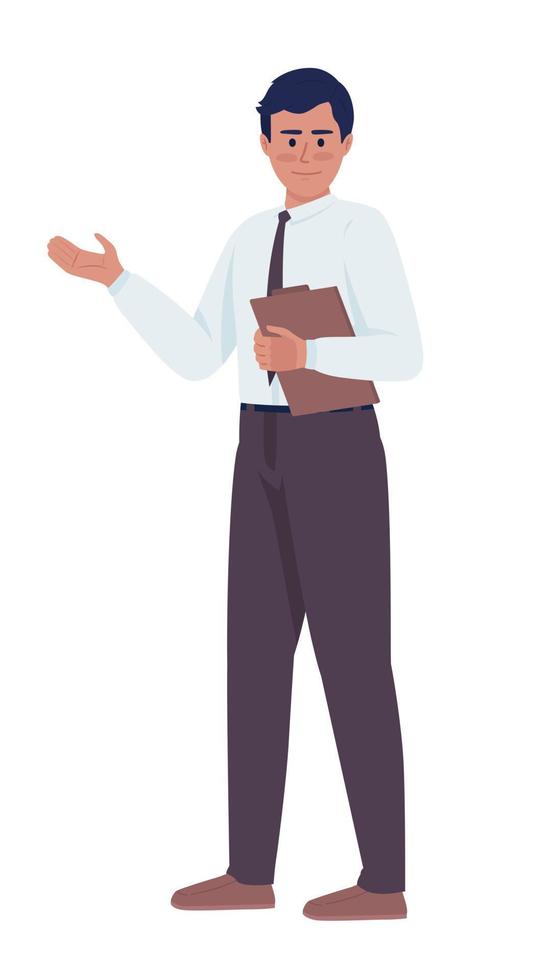 Qualified male office manager with tablet semi flat color vector character. Editable figure. Full body person on white. Simple cartoon style illustration for web graphic design and animation