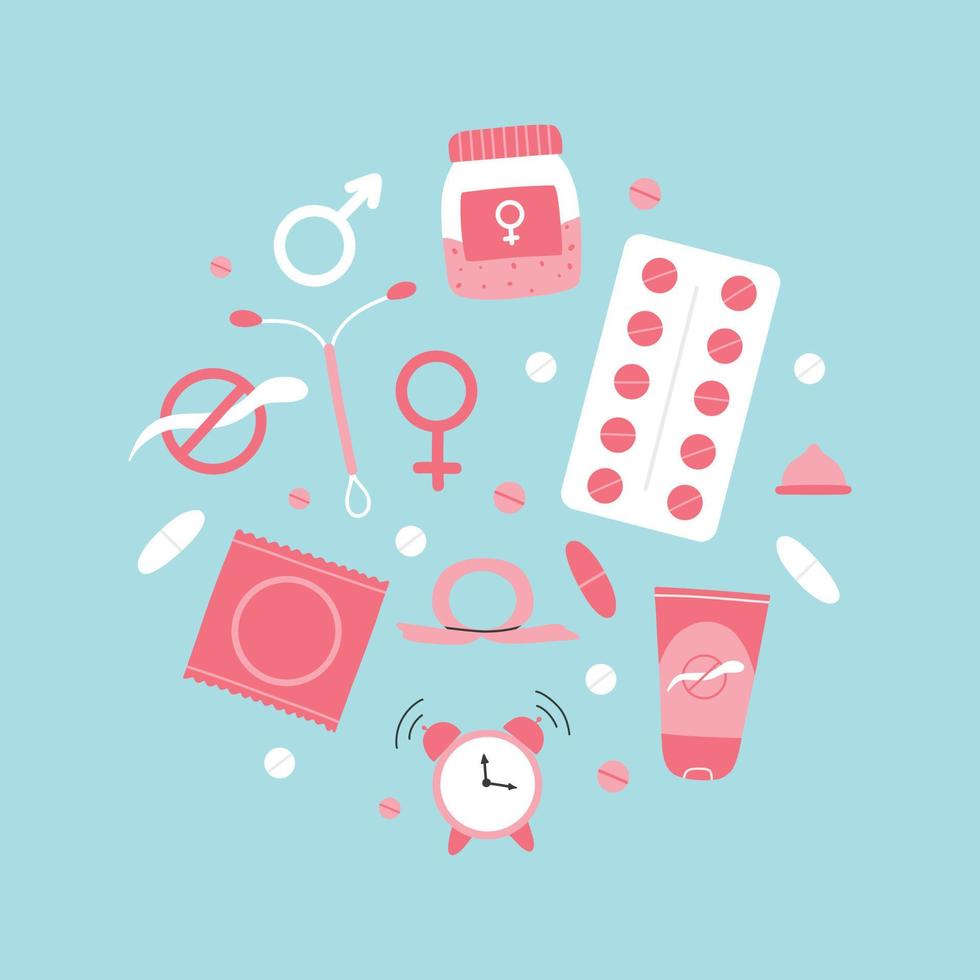 Types of contraception. Pills, calendar, patch, condom and coil. Vector illustration in a flat style. Poster with contraception.World contraception day. Methods of contraception.