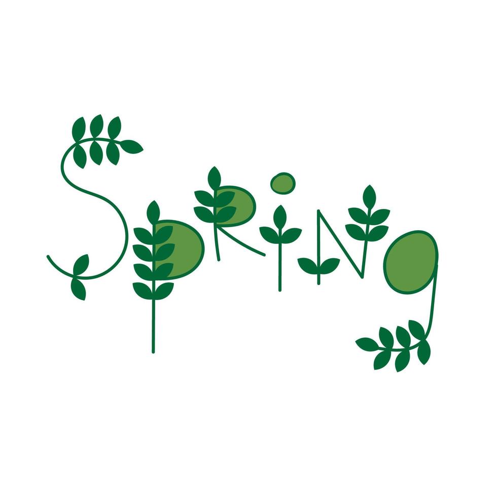Word Spring, hand drawn inscription. Quote isolated on white. The phrase is written from branches with green leaves. Cute cartoon vector illustration