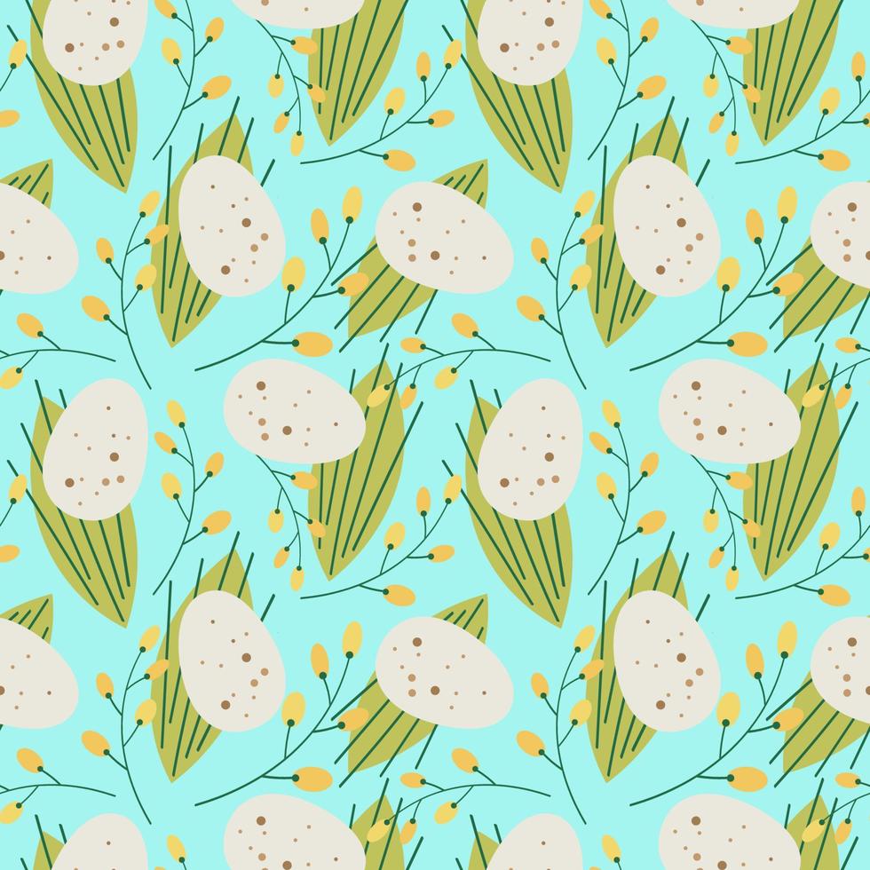 Cute repeating seamless pattern for easter on a light blue background.Unpainted natural quail egg in a pattern with mimosa branches and flowers, green leaves.Easter background for textiles and design vector