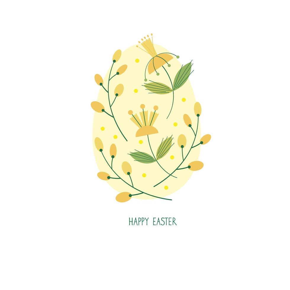 Easter egg, congratulations on the holiday of Easter. The Easter egg is painted with a yellow ornament of mimosa flowers and green leaves on an isolated background. Hand lettering Happy Easter vector