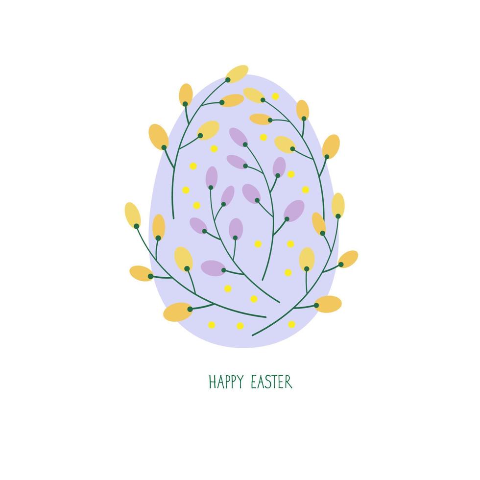 huevo de pascua, felicitaciones por las vacaciones de pascua. un lindo huevo de Pascua está pintado con un delicado adorno amarillo y lila de flores de mimosa en un fondo aislado. feliz pascua de letras a mano vector