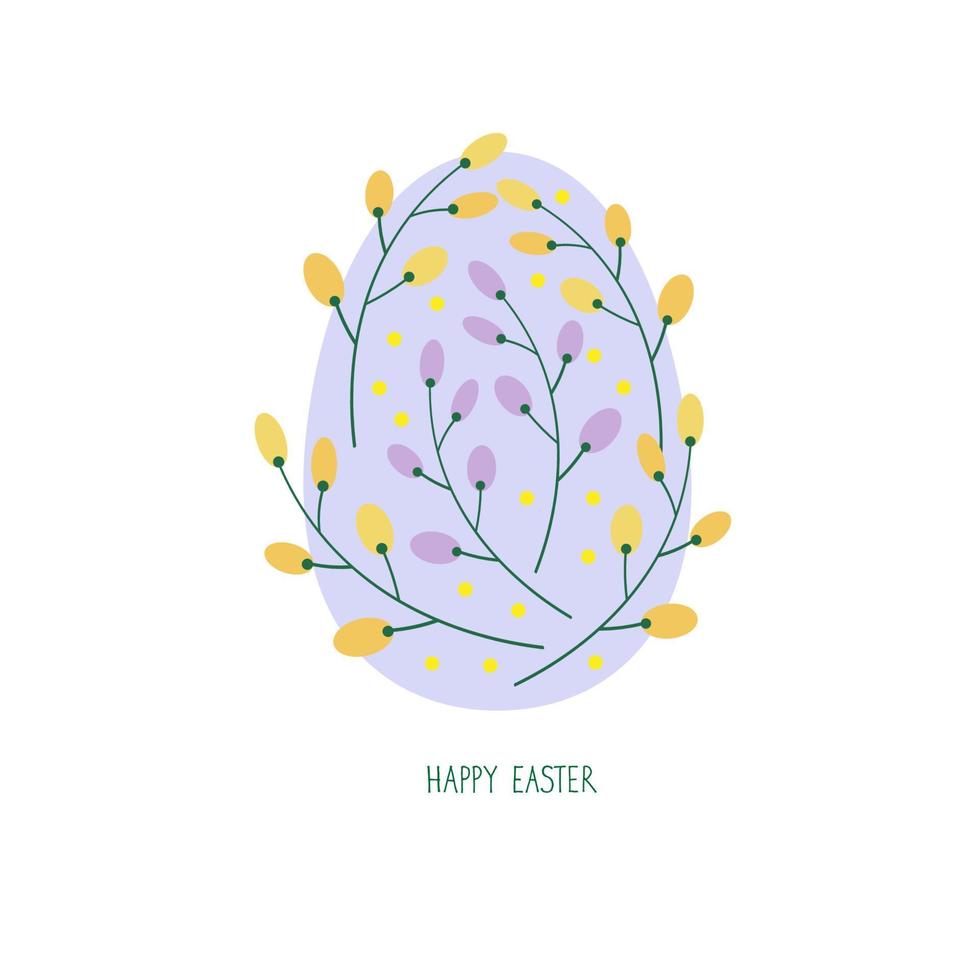Easter egg, congratulations on the holiday of Easter. A cute Easter egg is painted with a delicate yellow and lilac ornament of mimosa flowers on an isolated background. Hand lettering Happy Easter vector