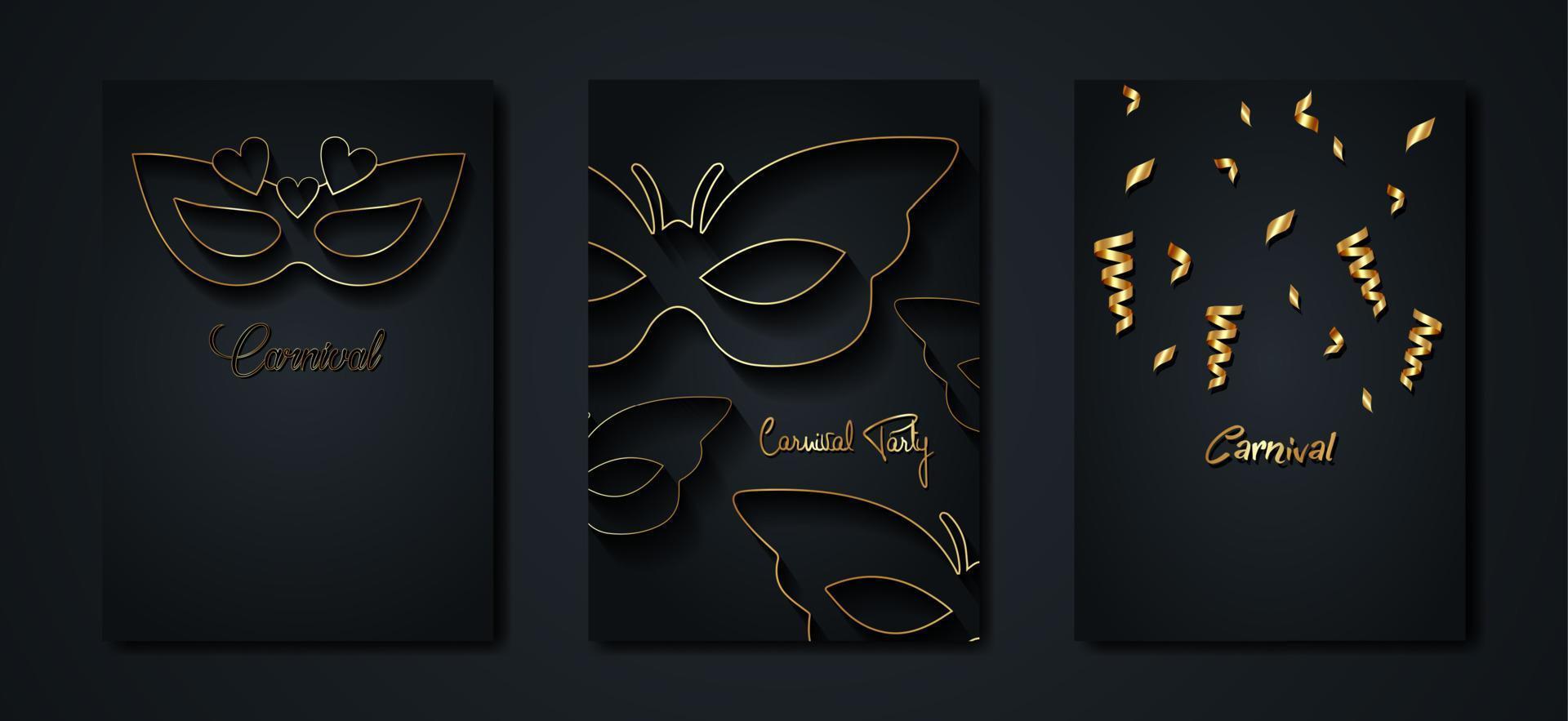 Carnival gold and black posters set, flyer or invitation design. Festive Golden cards. Vector illustration. Elegant luxury tickets with pattern and emblem. Place for your text message. Banners