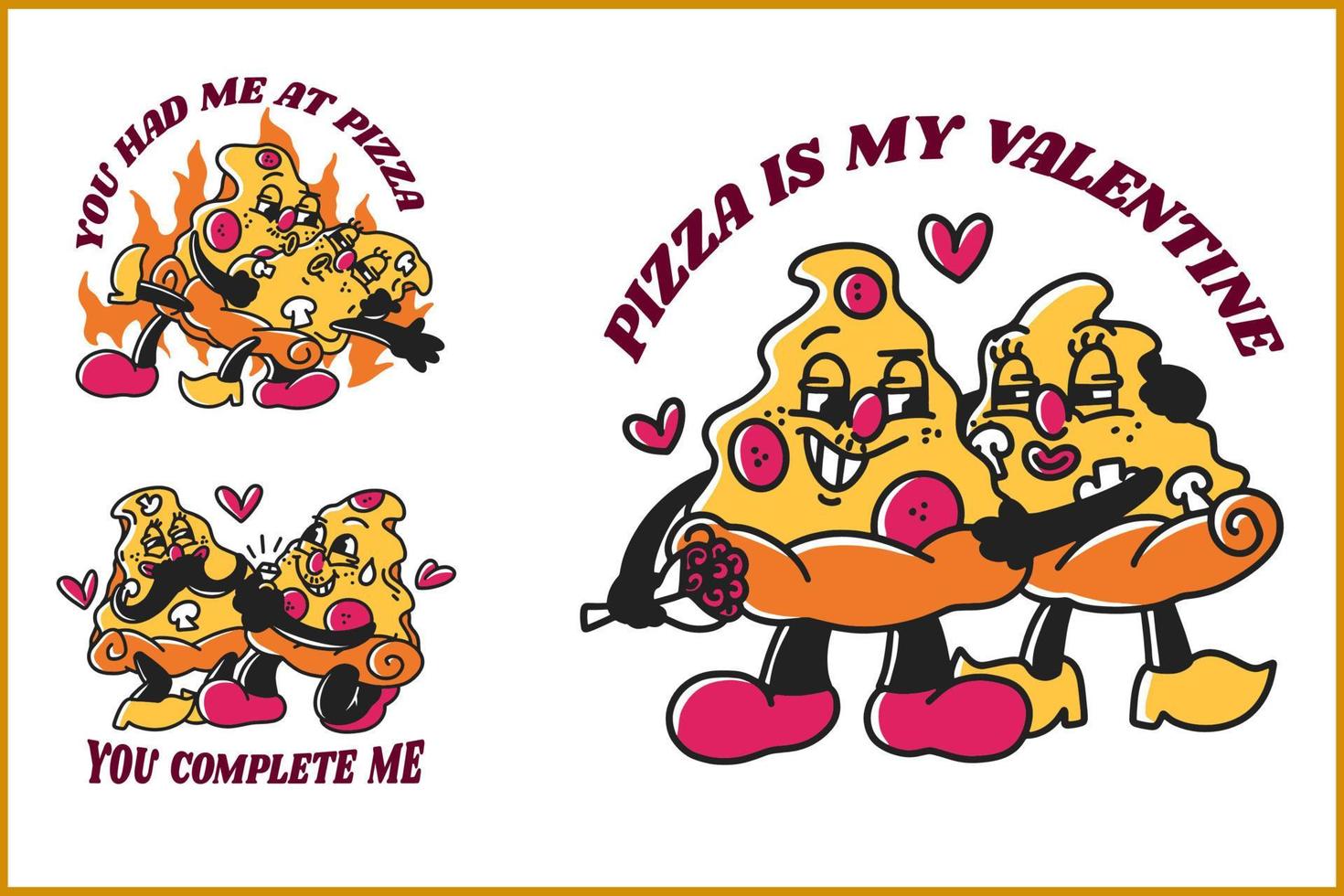 Cartoon Pizza Food Valentines Day Set 2023 vector