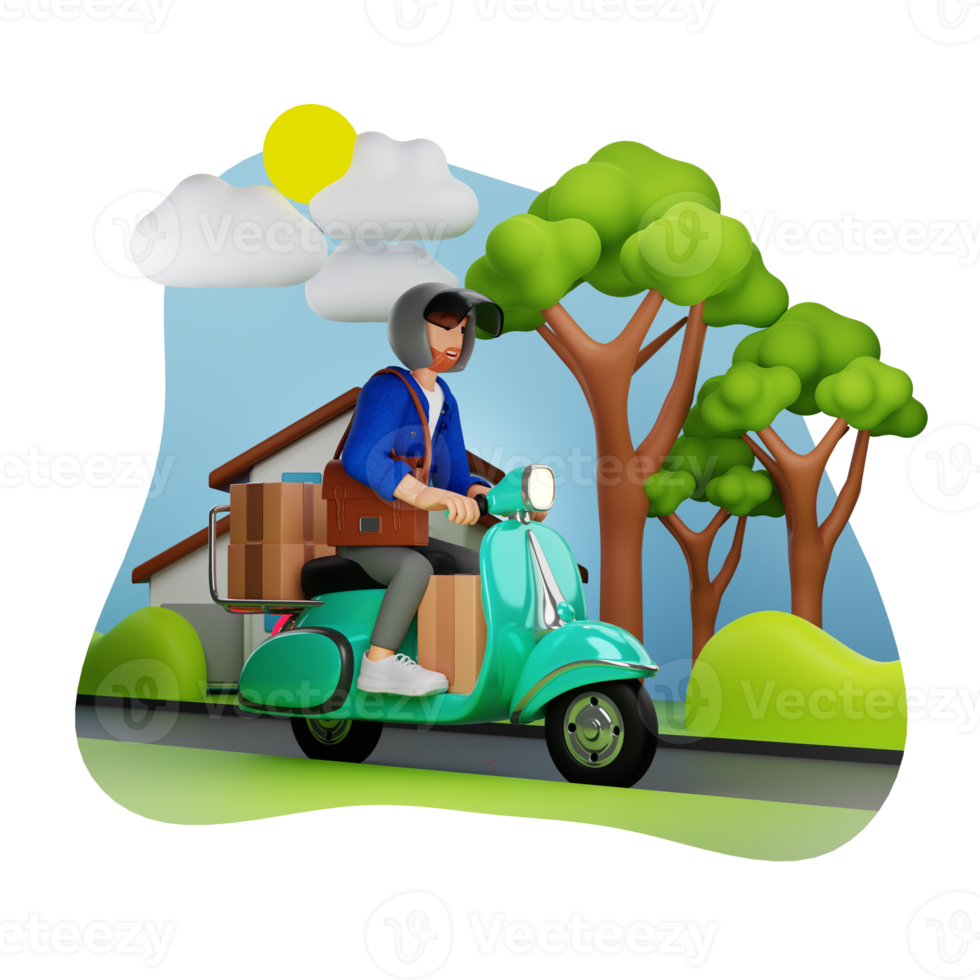 entregador entrega pacote de pedido em uma ilustração de personagem 3d de scooter png