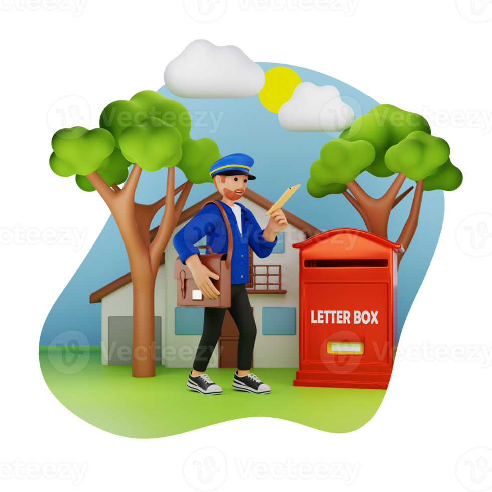 Postman Puts Envelope in Postal Service Mailbox, 3D Character Illustration png