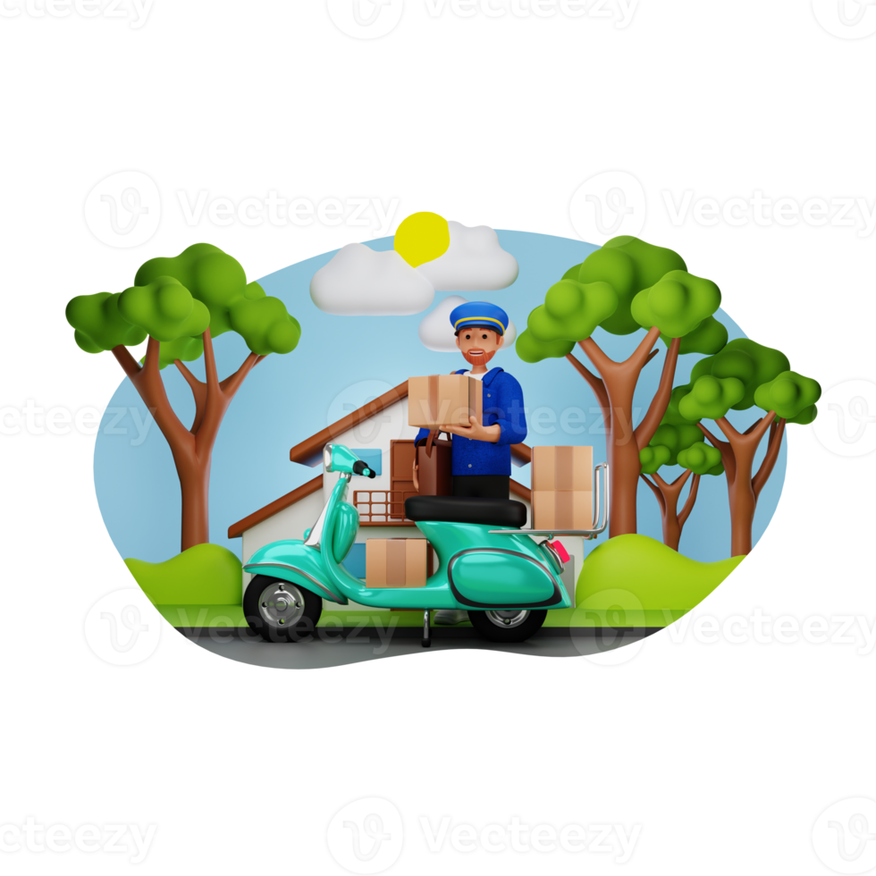 Postman courier with parcel on motorbike 3D Character Illustration png