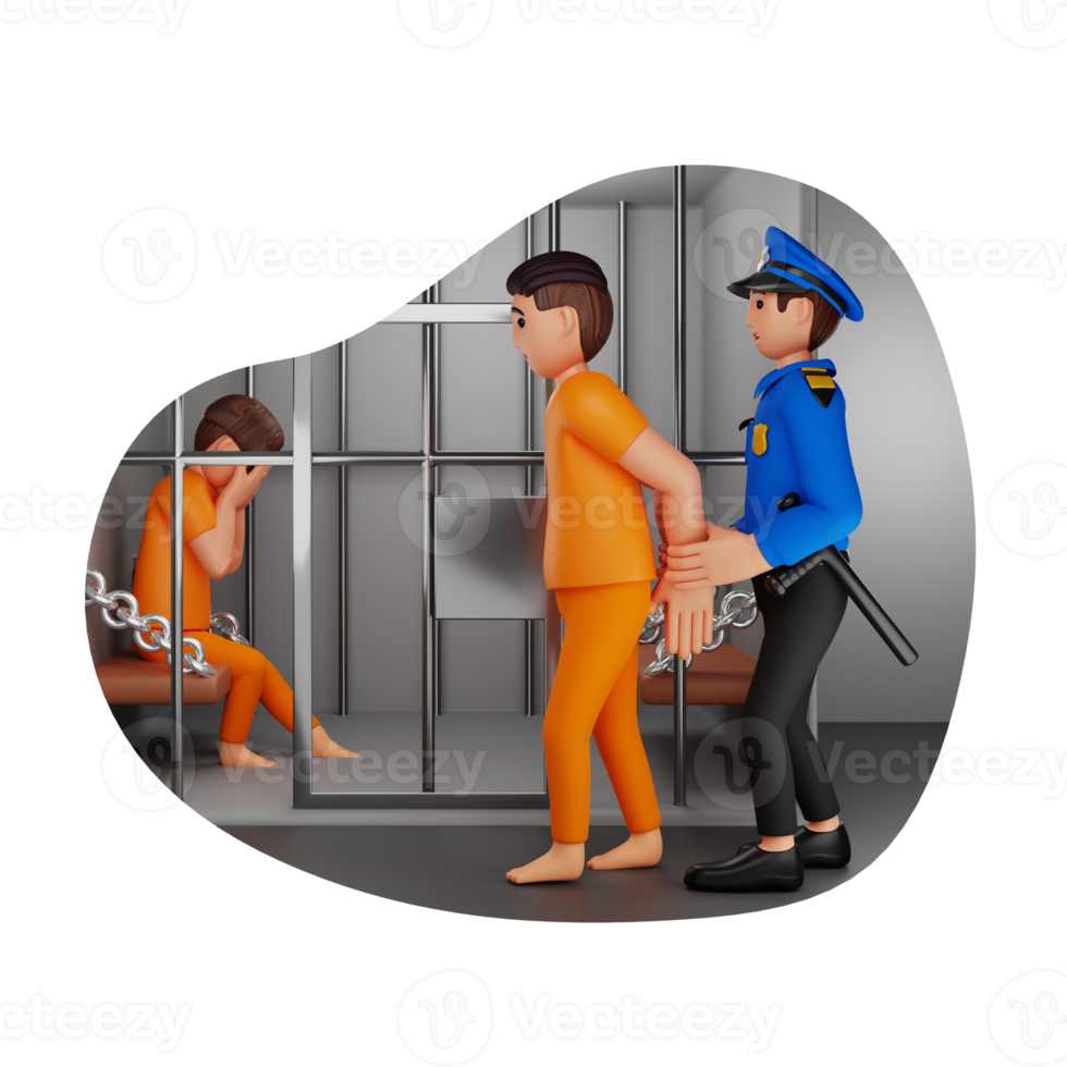 Police Takes Criminal Into Jail Room, 3D Character Illustration png