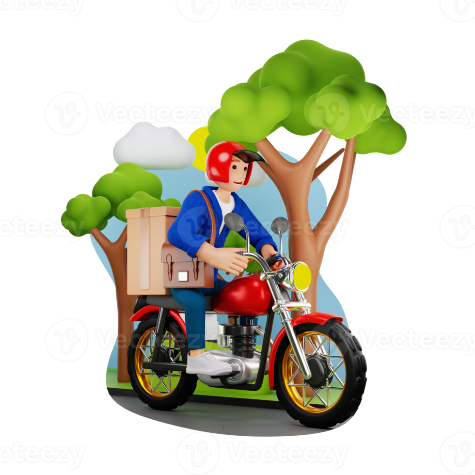 Delivery man delivering order parcel by bike for fast delivery 3D Character Illustration png