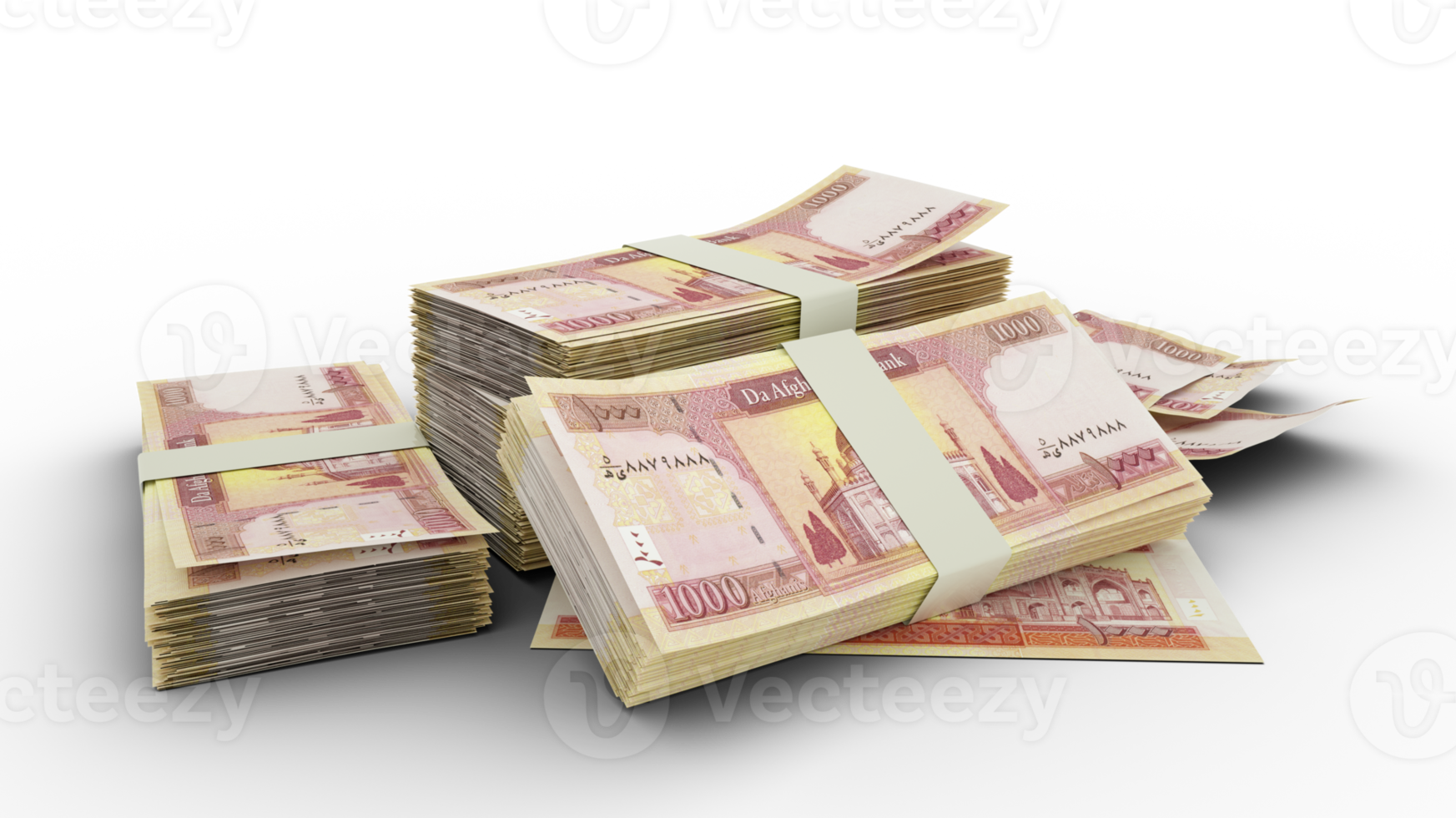 3D Stack of 1000 Afghan afghani notes isolated on transparent background png