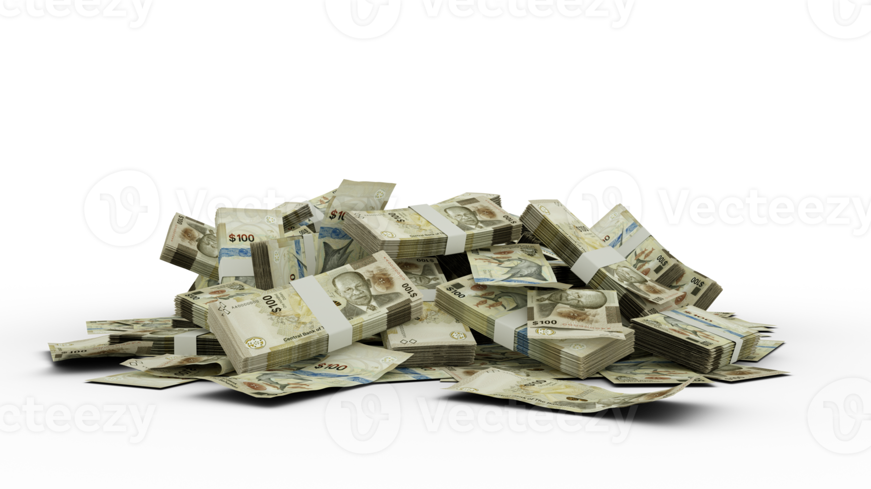 3D Stack of 100 Bahamian dollar notes isolated on transparent background png