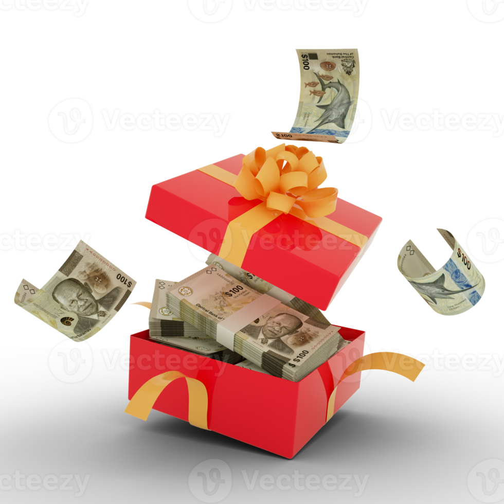 100 Bahamian dollar notes inside an open red gift box. 100 Bahamian dollar inside and flying around a gift box. 3d rendering of money inside box isolated on transparent background png