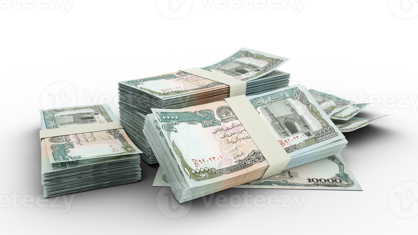 3D Stack of 10000 Afghan afghani notes isolated on transparent  background png