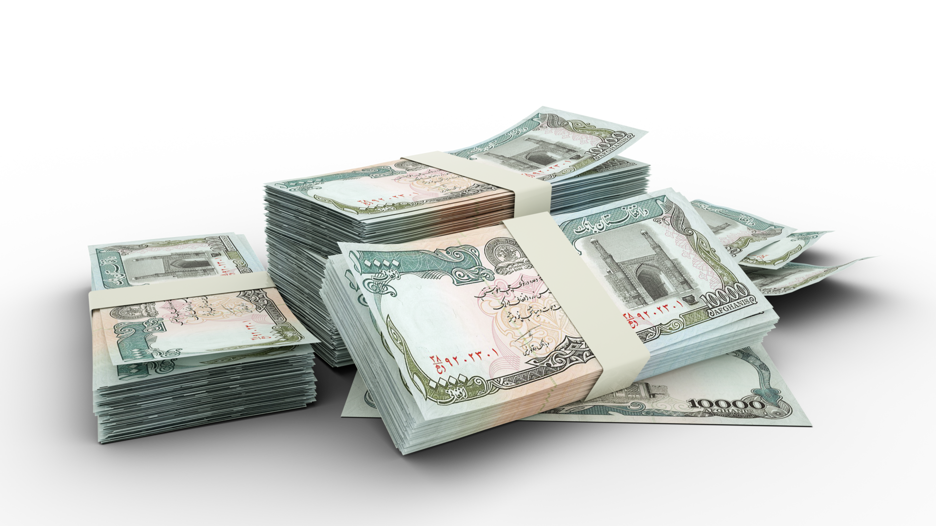 3D Stack Of 10000 Afghan Afghani Notes Isolated On Transparent 3d-stack-of-10000-afghan-afghani-notes-isolated-on-transparent