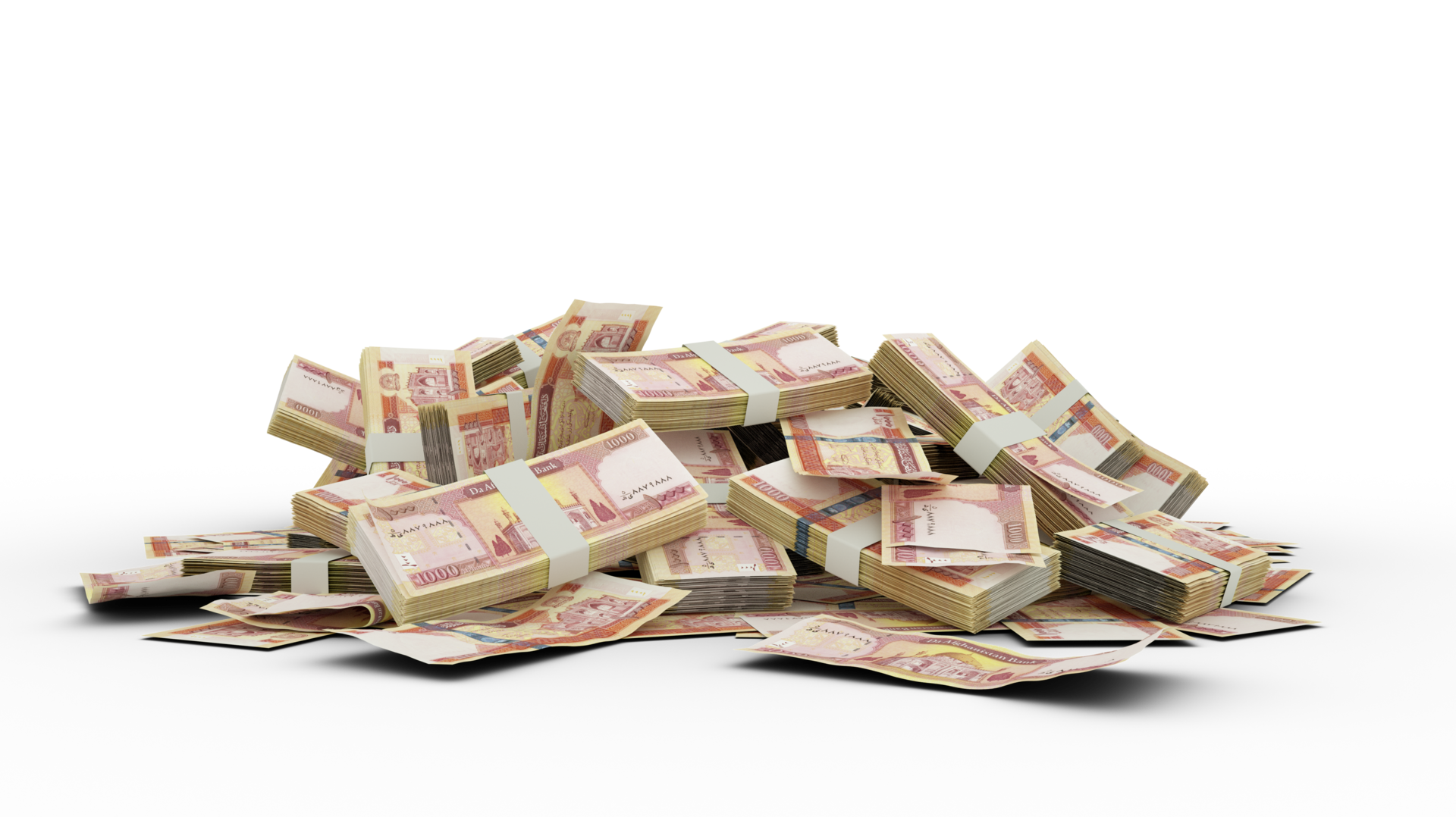3D Stack Of 1000 Afghan Afghani Notes Isolated On Transparent 3d-stack-of-1000-afghan-afghani-notes-isolated-on-transparent