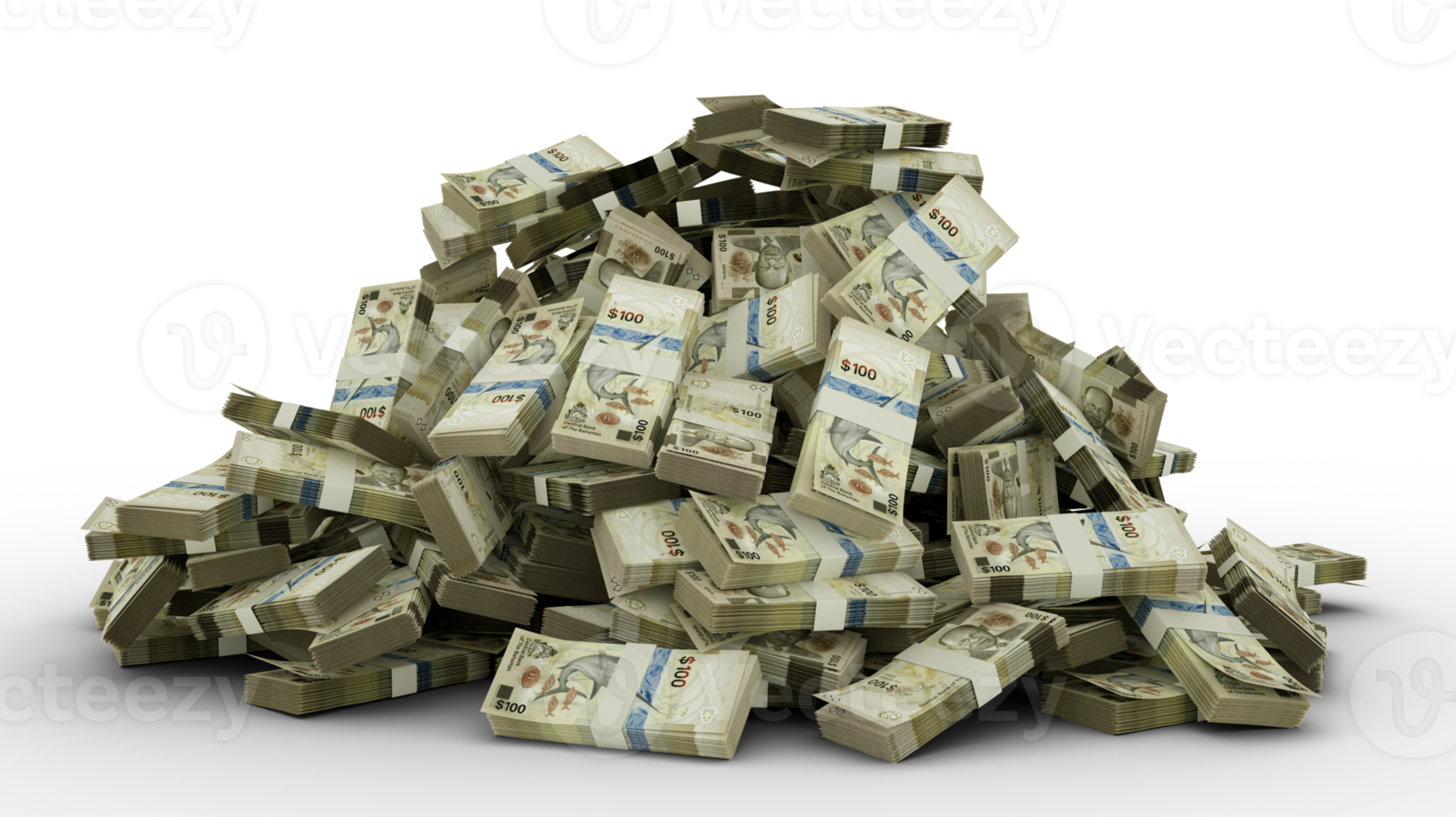 Big pile of 100 Bahamian dollar notes a lot of money over transparent background. 3d rendering of bundles of cash png