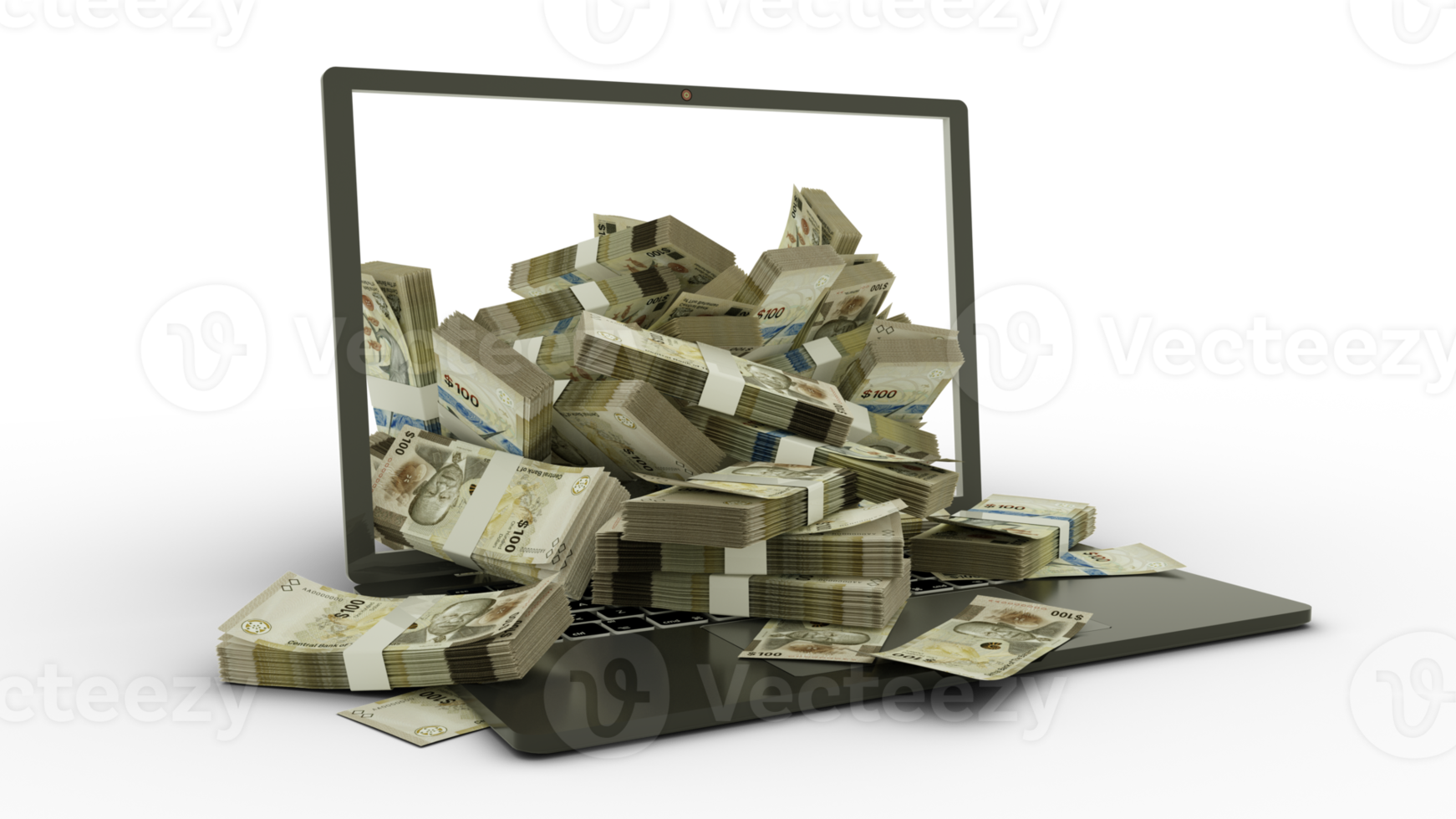 3D rendering of 100 Bahamian dollar notes coming out of a Laptop monitor isolated on transparent background. stacks of Bahamian dollar notes inside a laptop. money from computer, money from laptop png