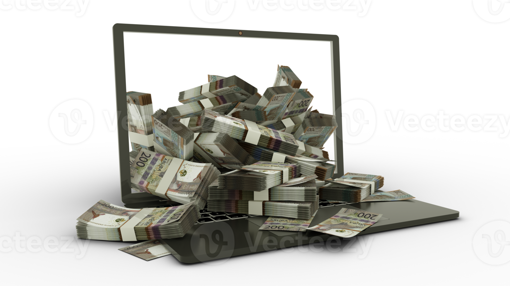 3D rendering of 200 Aruban florin notes coming out of a Laptop monitor isolated on transparent  background. stacks of notes inside a laptop. money from computer, money from laptop png