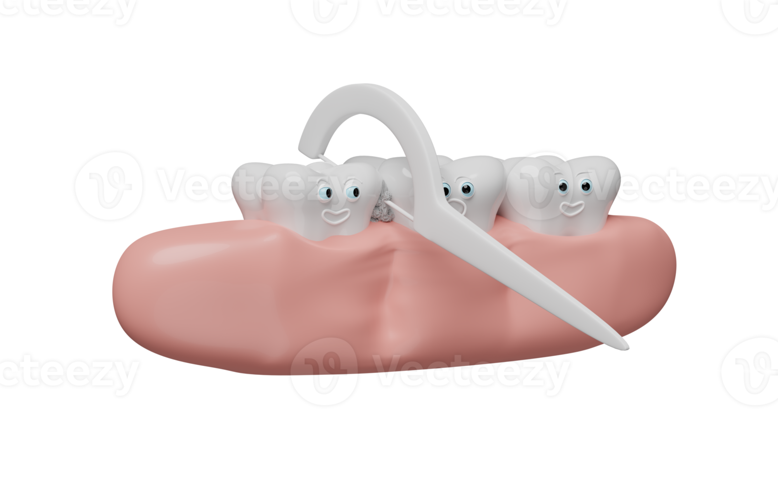 3d showing teeth cleaning food waste with toothpick dental floss isolated. 3d render illustration, png