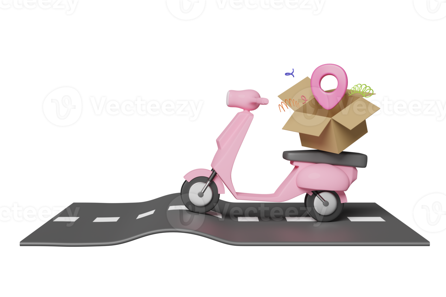 scooter 3d su strada con Aperto merce cartone scatola, perno isolato. veloce consegna concetto, 3d rendere illustrazione png