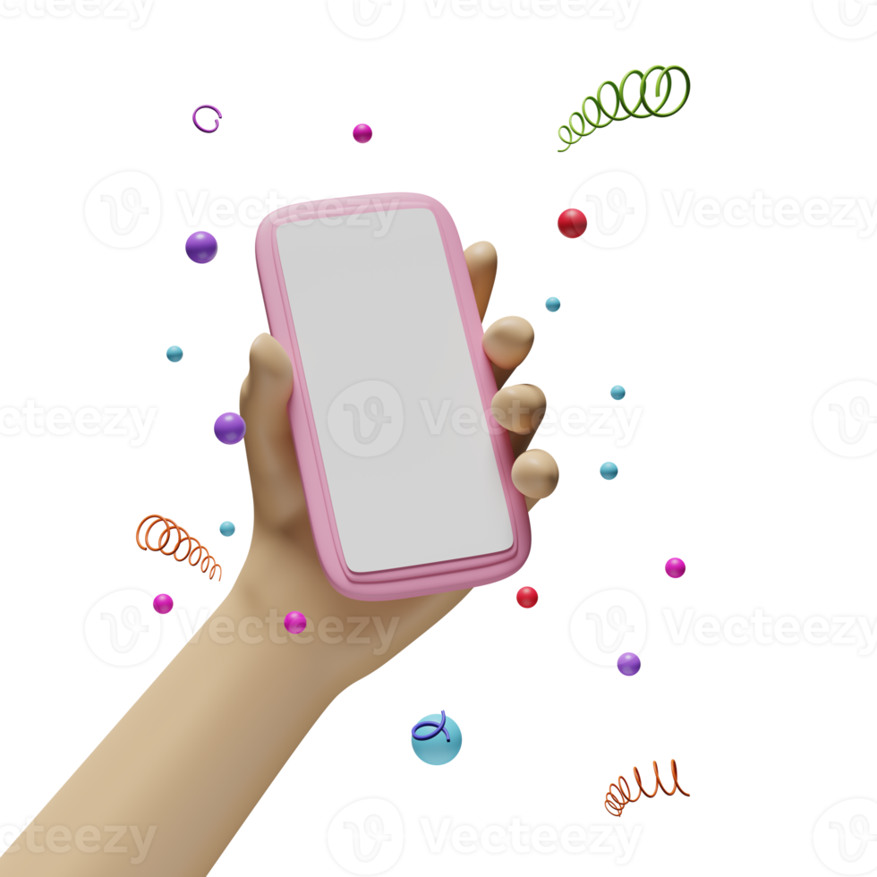 hand holding smartphone isolated. 3d hand using mobile phone, screen phone template, empty screen phone mockup, minimal concept, 3d render illustration png