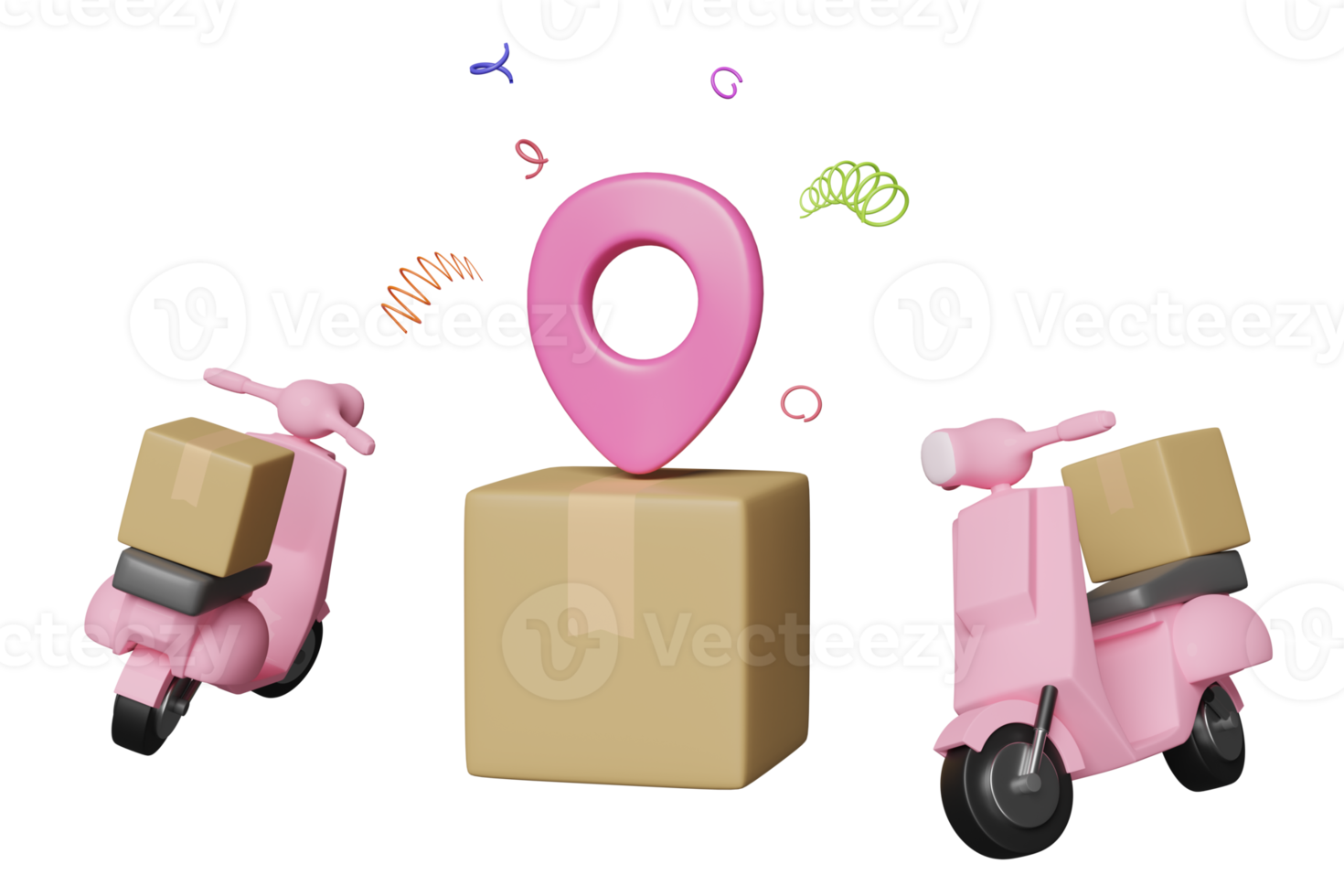 Online delivery or online order tracking pin 3d concept, Fast package shipping with scooter and goods cardboard box on isolated. 3d render illustration png