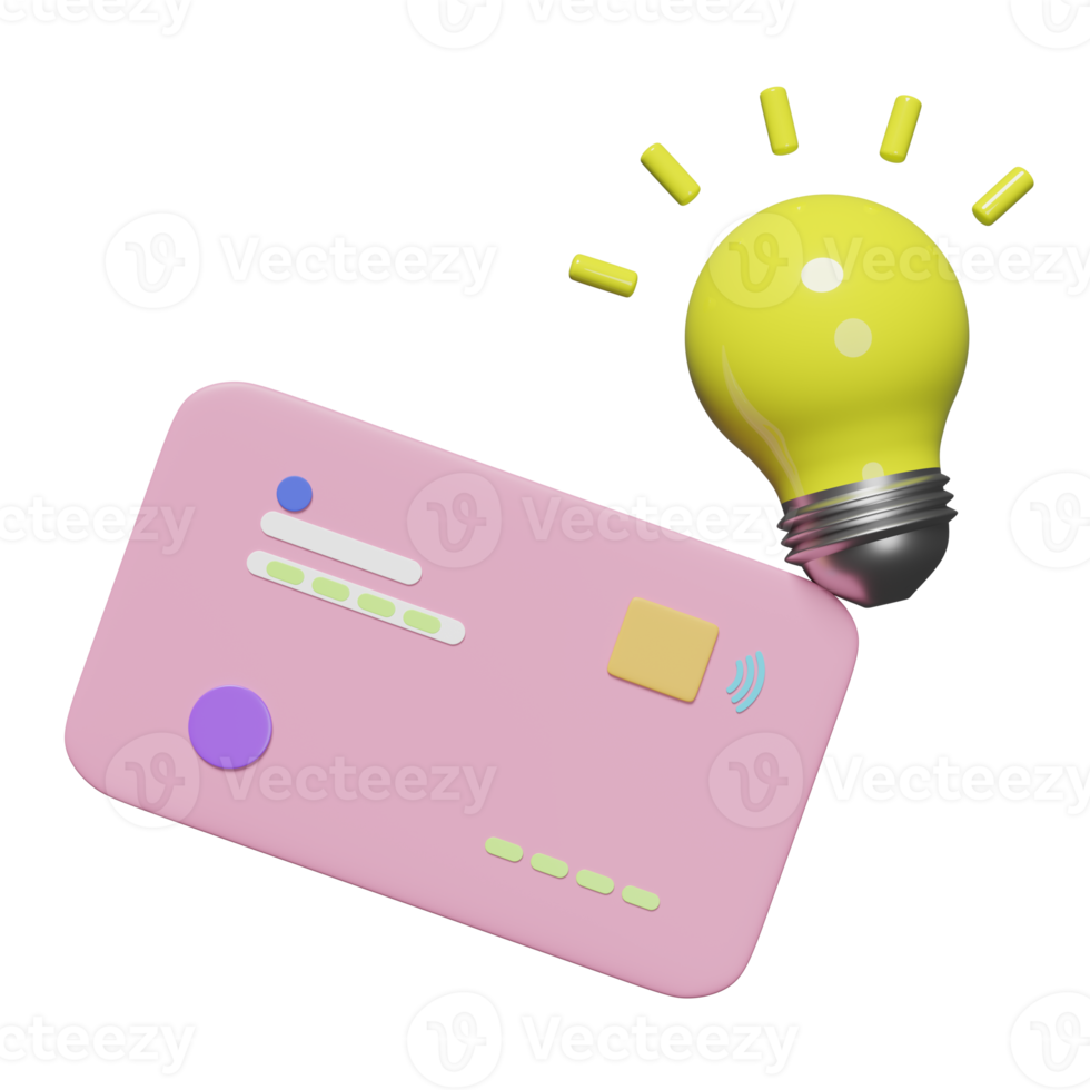 credit card icon with yellow light bulb 3d isolated. online shopping, idea tip, saving money, online payment, business finance, cashless concept, 3d render illustration png