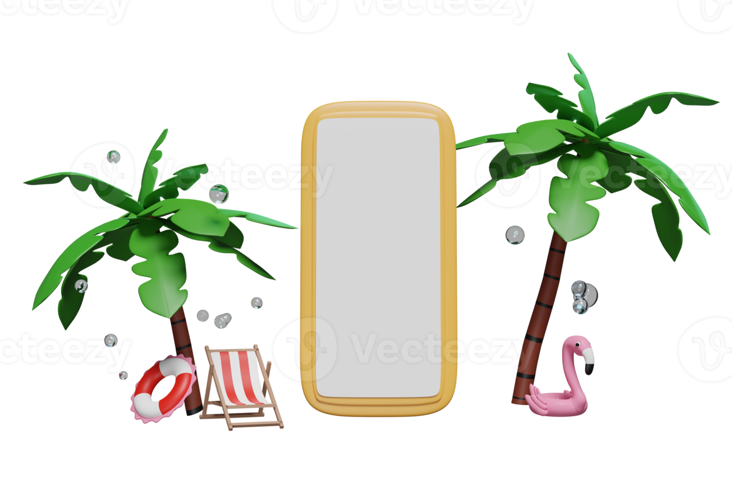 Telefone celular 3d, smartphone com cadeira de praia, flamingo inflável, palmeira, bóia salva-vidas, respingos de água isolados. férias de viagem de verão, conceito de modelo, ilustração de renderização 3d png