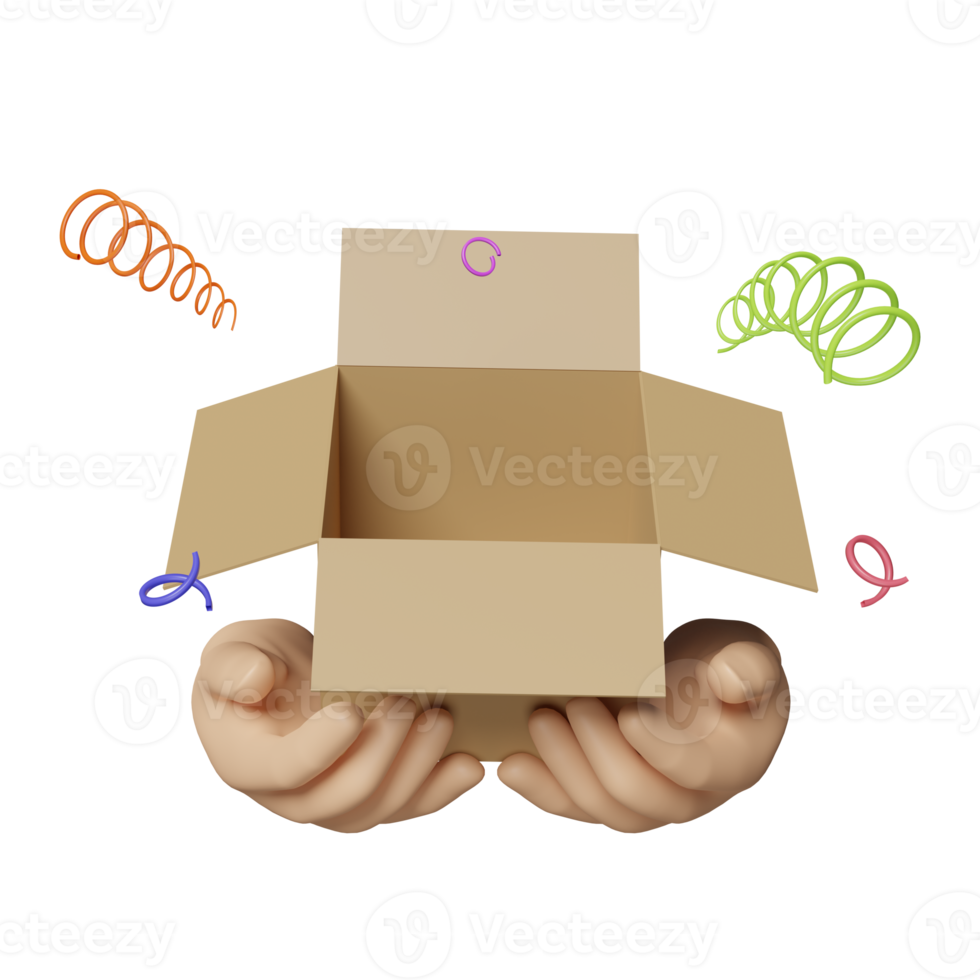 hand holding open goods cardboard box 3d isolated. fast delivery concept, 3d render illustration png