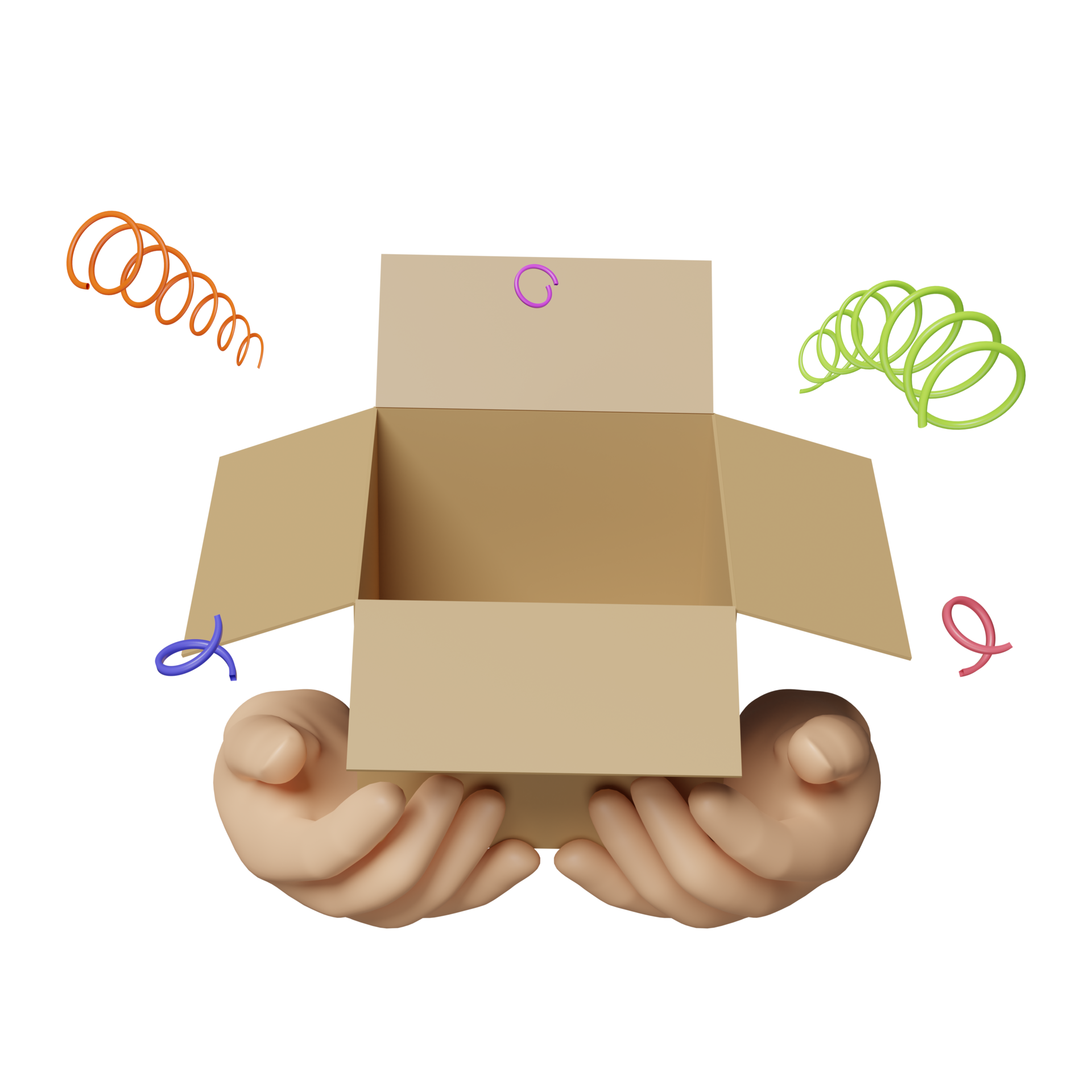 mão segurando a caixa de papelão de mercadorias aberta 3d isolada