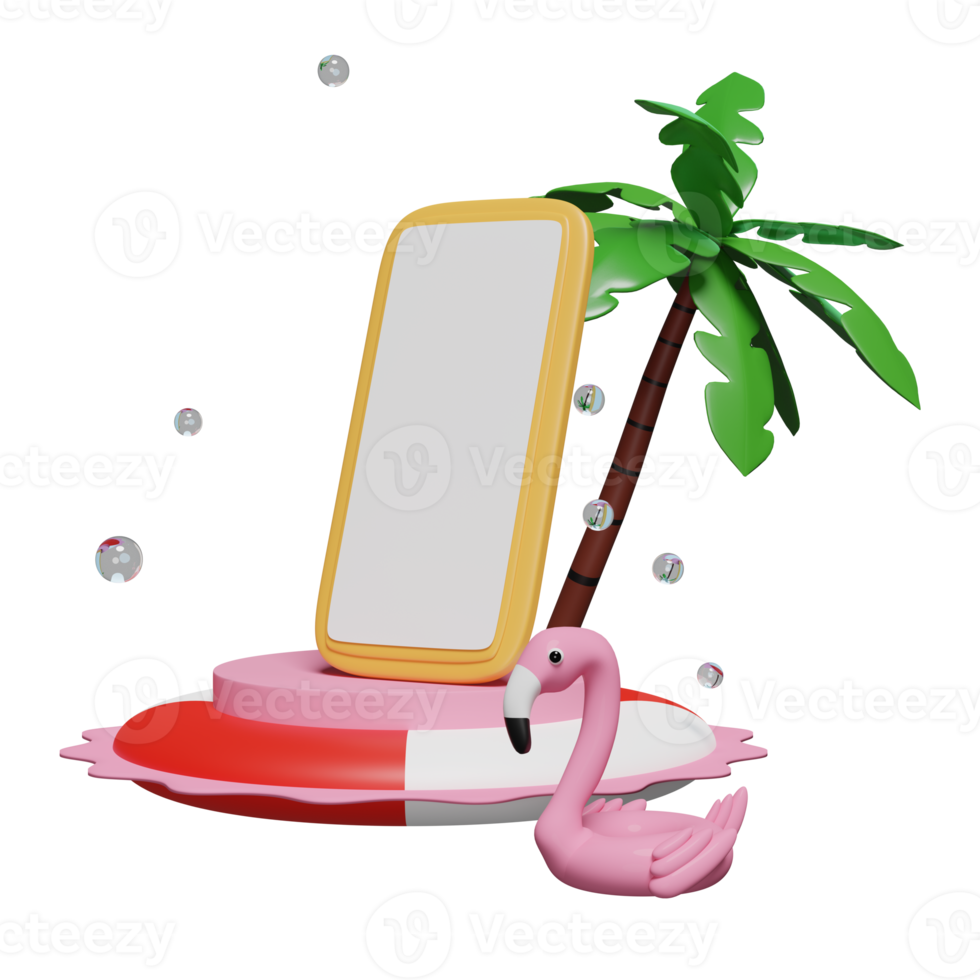 Telefone celular 3D, smartphone com pódio de cilindro, flamingo inflável, palmeira, boia salva-vidas, respingos de água isolados. férias de viagem de verão, conceito de modelo, ilustração de renderização 3d png