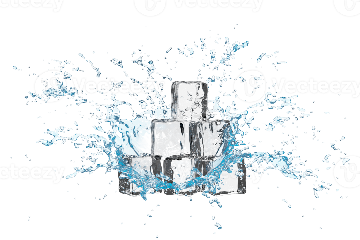 3d ice cubes with water splash transparent, clear blue water scattered around isolated. 3d render illustration png