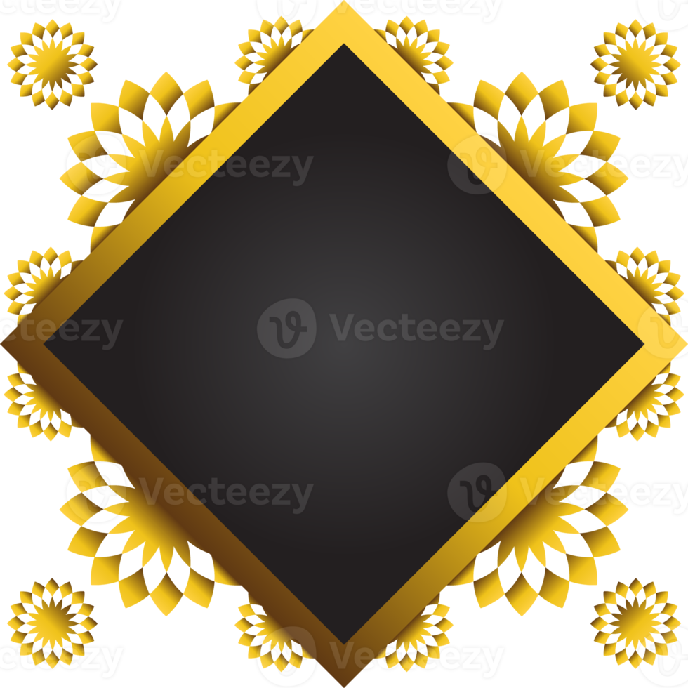 Gold and black square frame with floral ornament. Element for design png