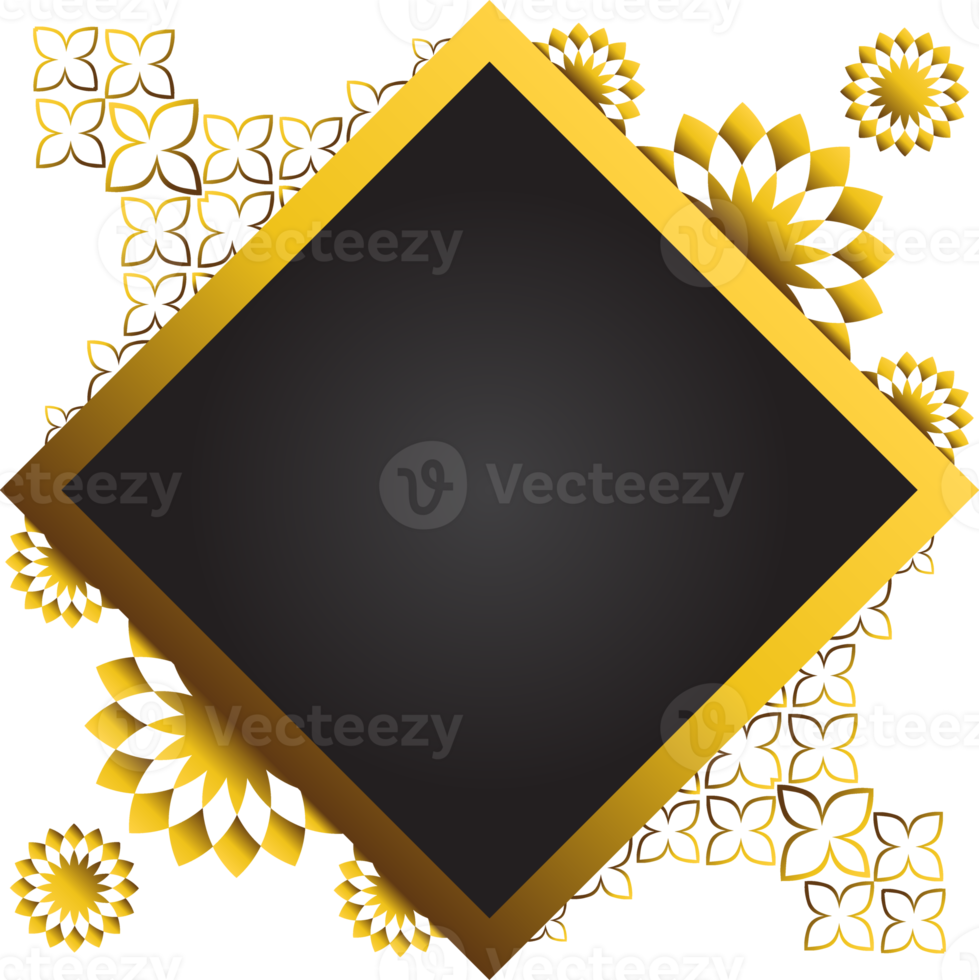 Gold and black square frame with floral ornament. Element for design png