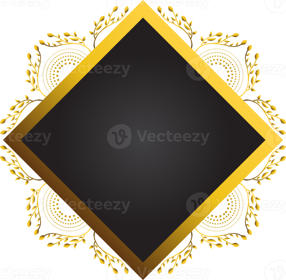 Gold and black square frame with floral ornament. Element for design png