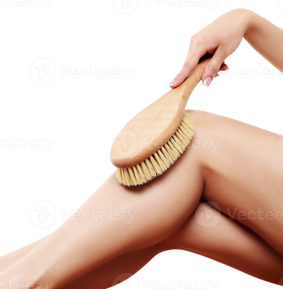 Woman massaging her leg using a brush, isolated png