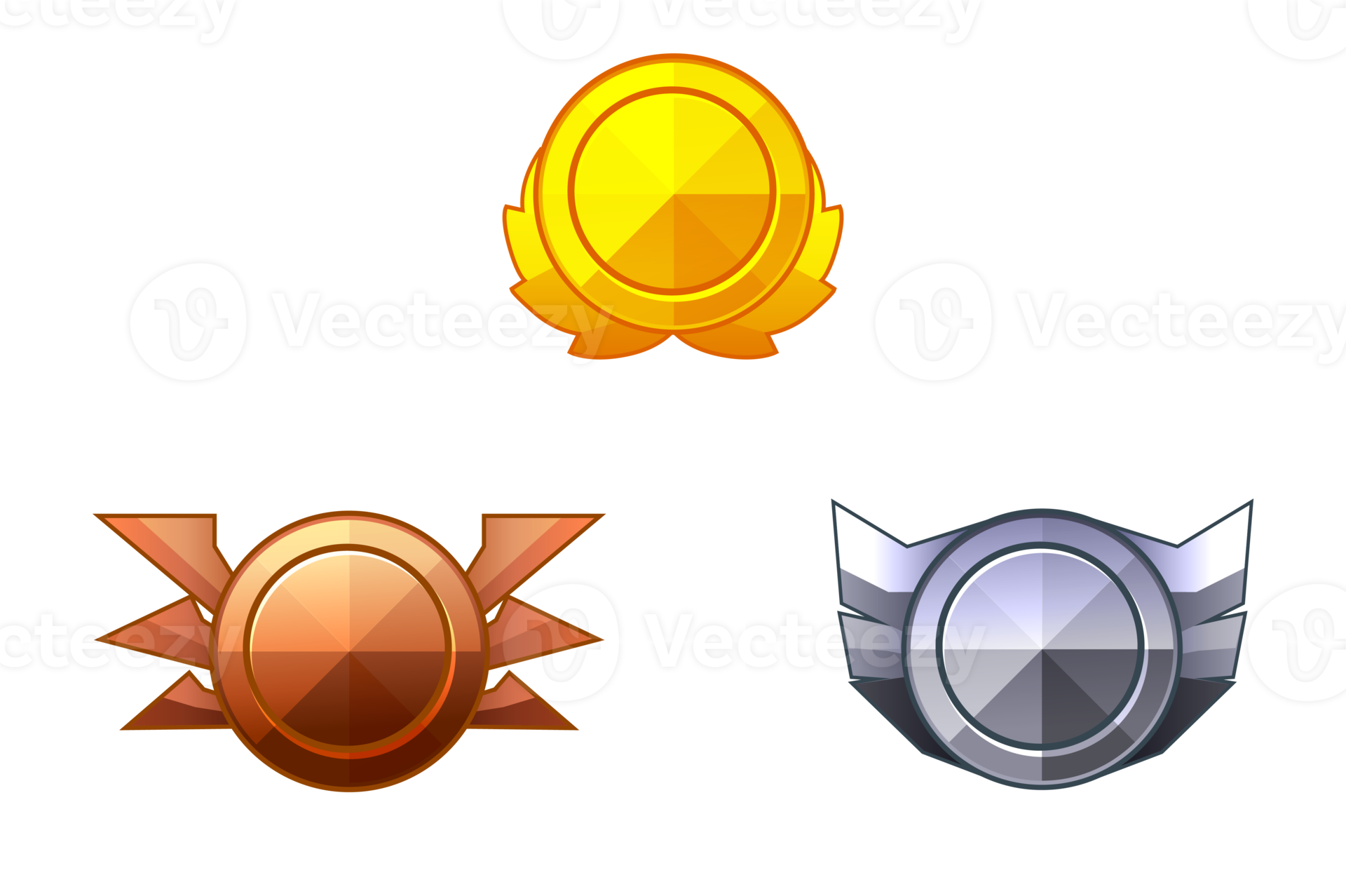 Set of game rank icons isolated. Bronze, silver and gold game badges