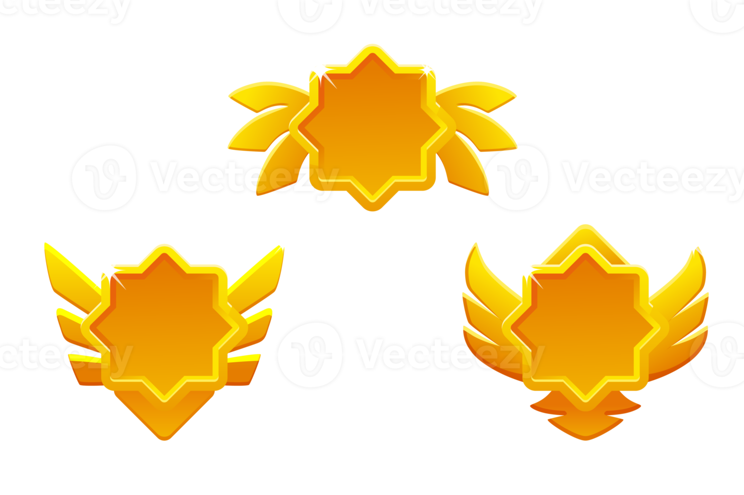 ícones dourados da classificação do jogo isolados. botões de crachás de jogo em moldura de estrela com asas png