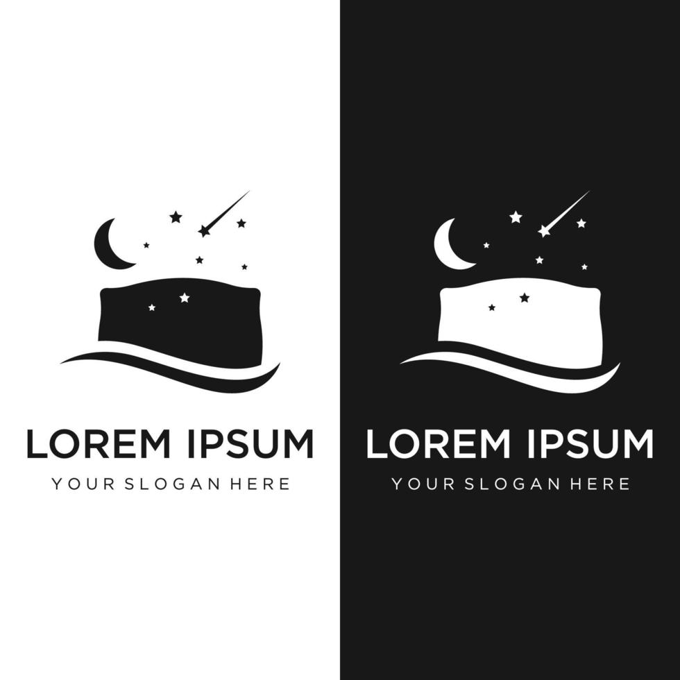 Bed and sleep logo template creative design, with pillow,zzz, clock, moon and stars. vector